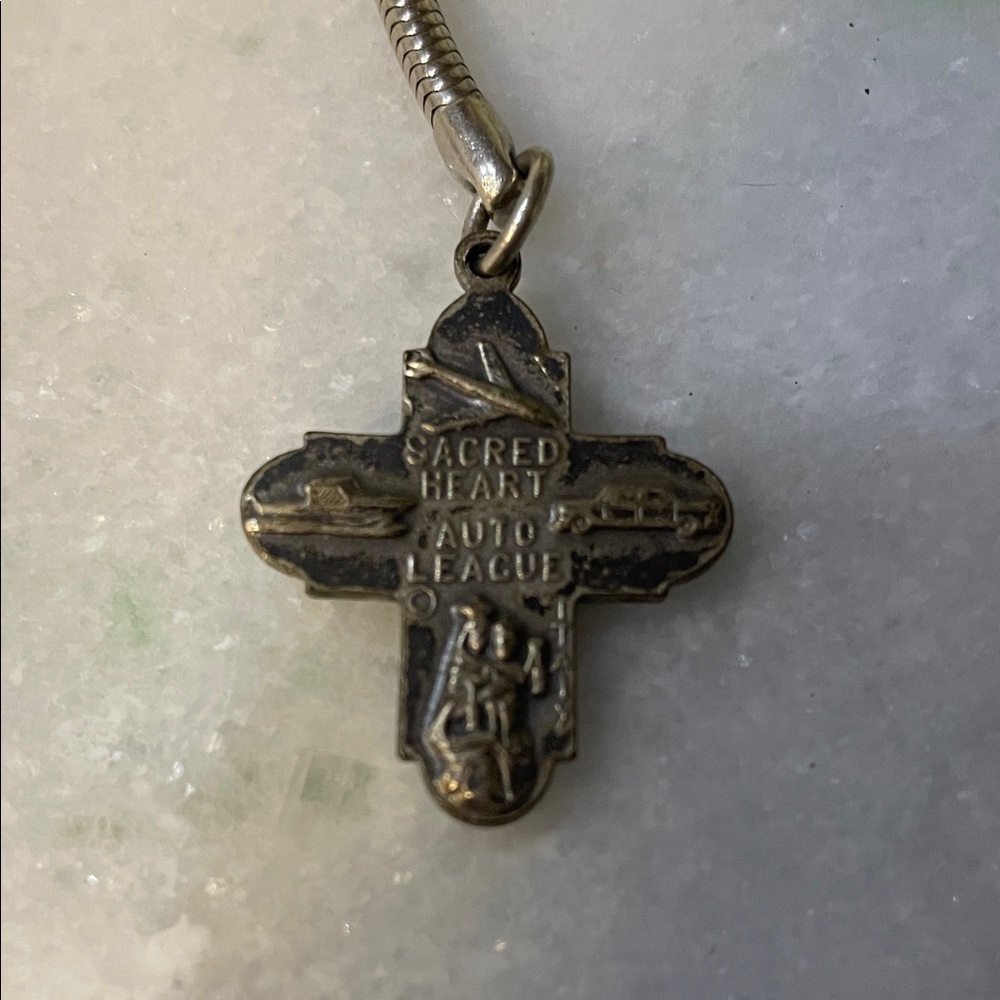 Vintage Sacred Heart Auto League Cross Pendant keychain